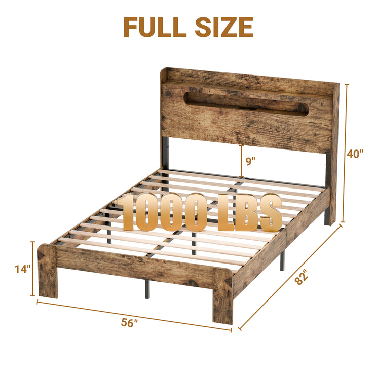 Full/Queen/King Bed Frame with Charging Station & RGB LED Light, Arc Edge Rectangular Slot Headboard, Wooden & Metal Bed Frame