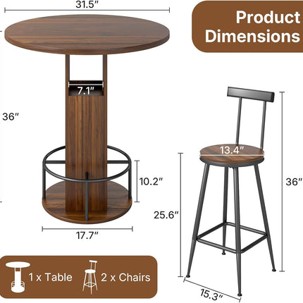Zevemomo 3-Piece 31.5" Round Bar Table and Chairs Set for 2, Small Pub Dining Set with 2 Stools, Space Saving, Walnut