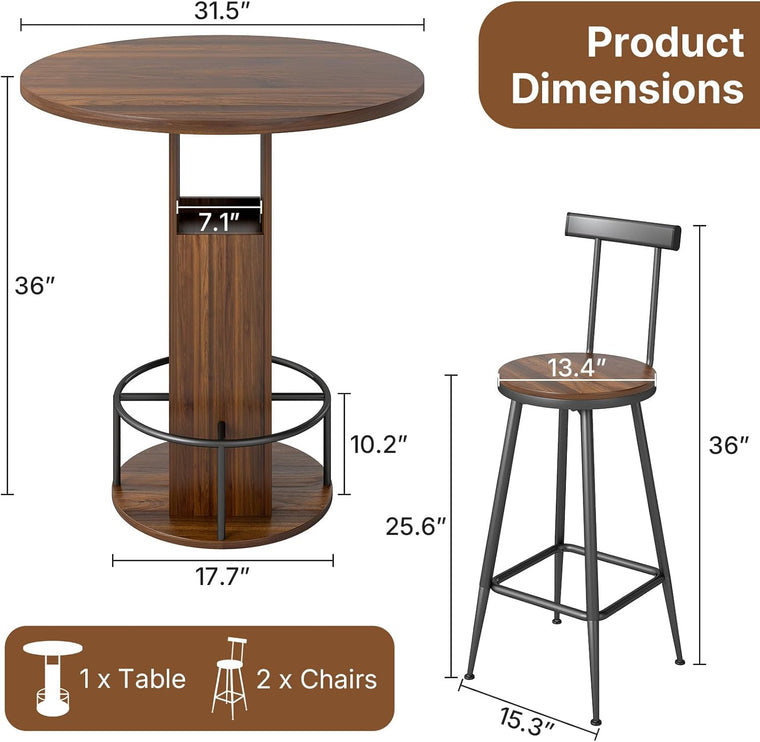 Zevemomo 3-Piece 31.5" Round Bar Table and Chairs Set for 2, Small Pub Dining Set with 2 Stools, Space Saving, Walnut