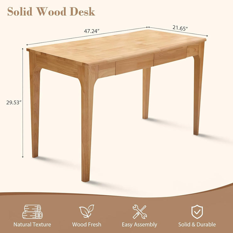 Zevemomo 47inch Solid Wood Writing Desk, Computer Study Desk with 2 Storage Drawers for Bedroom, Office