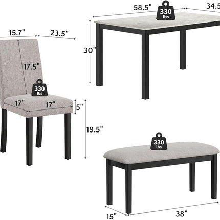 Zevemomo 6-Piece Wood Dining Table Set with Upholstered Chairs and Bench for Dining Room, Kitchen, Restaurant, Black & Grey
