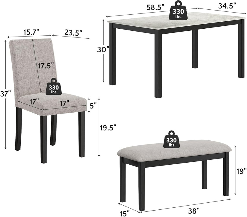 Zevemomo 6-Piece Wood Dining Table Set with Upholstered Chairs and Bench for Dining Room, Kitchen, Restaurant, Black & Grey