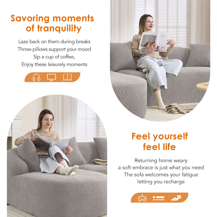 Boneless L-Shape Sectional Sofa with Curved Chaise,Grey Modular Chenille Compression Couch,30D High-Density Foam,Minimalist Modular Couches Sleeper for Living Room Bedroom Apartment Lounge