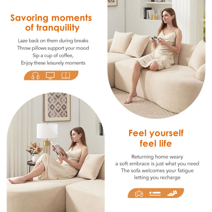 Boneless L-Shape Sectional Sofa with Curved Chaise,Beige White Modular Chenille Compression Couch,30D High-Density Foam,Minimalist Modular Couches Sleeper for Living Room Bedroom Apartment Lounge