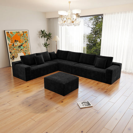 137.8*104.3"Modular sectional sofa seat,Upholstered compressed couch for living room,Bedroom,Apartment,No assembly required,4 PC free combination,Plush corduroy fabric,BLACK