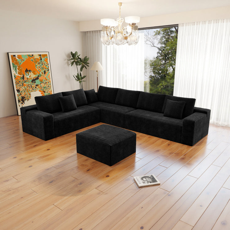 137.8*104.3"Modular sectional sofa seat,Upholstered compressed couch for living room,Bedroom,Apartment,No assembly required,4 PC free combination,Plush corduroy fabric,BLACK