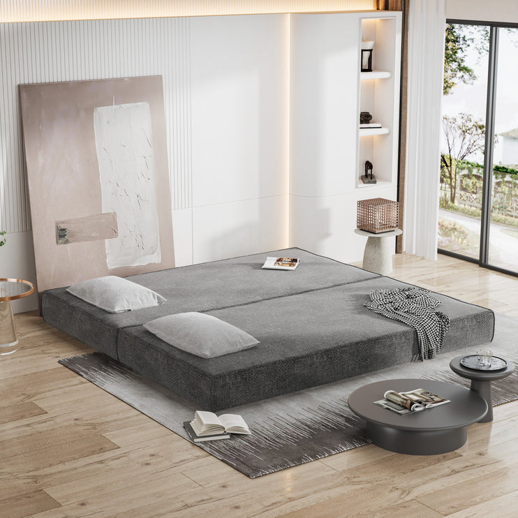 80" Convertible Couch Bed with 2 Pillows, 3-Seat Folding Floor Couch & King Size Bed Mattress, DIY Combination,Chenille,GREY