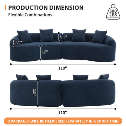 Compression Sponge Sofa Blue Curved Modular Sectional, 30D High-Density Chenille Sleeper Couch for Apartment, Living Room,110"L