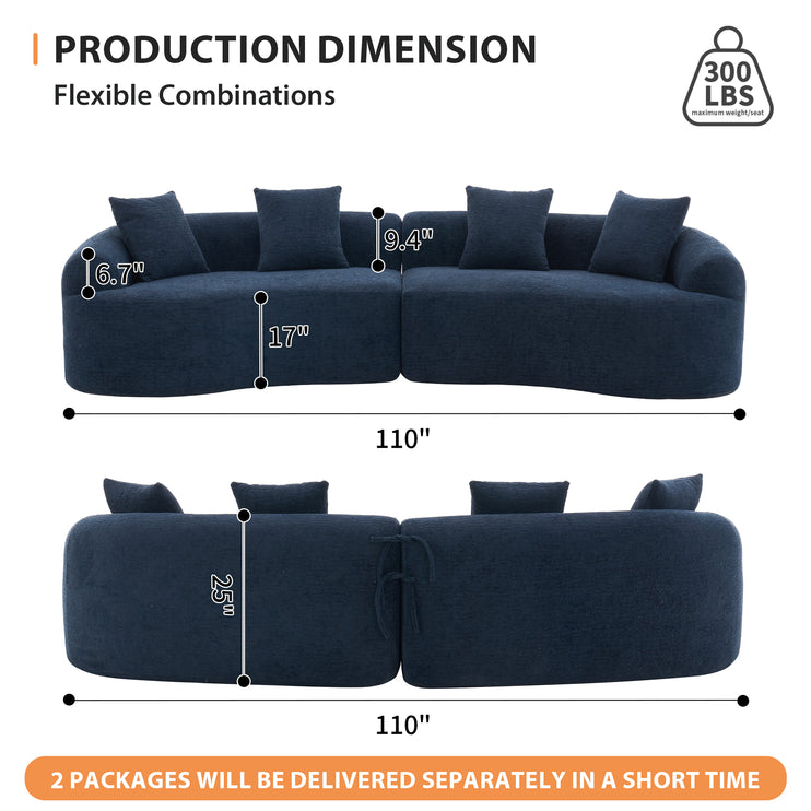 Compression Sponge Sofa Blue Curved Modular Sectional, 30D High-Density Chenille Sleeper Couch for Apartment, Living Room,110"L