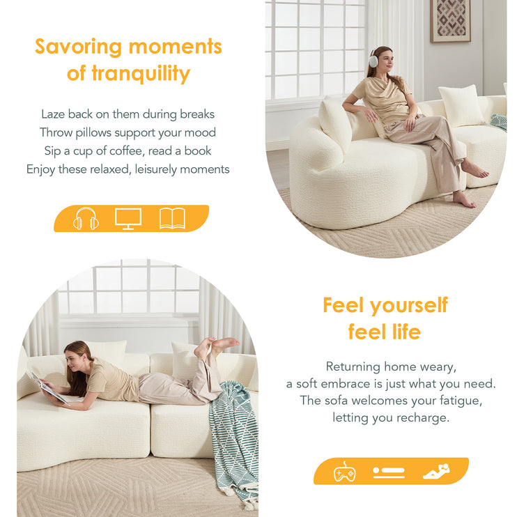 Curved Boneless Sofa,Compression Modular 110'' Sectional,White High-Density,Couches Sleeper for Living Room Bedroom Apartment Lounge,Chenille