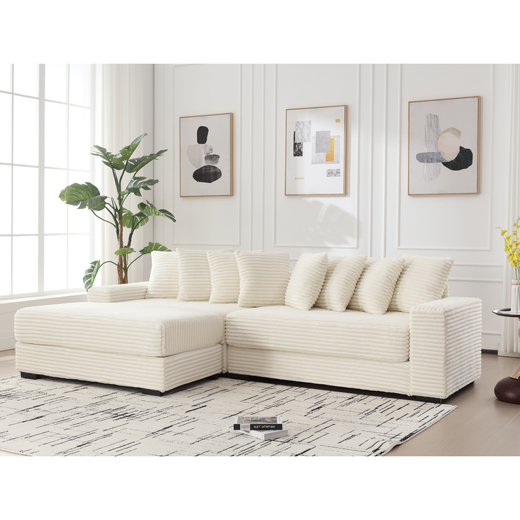 Oversized Two-Piece Couches, L Shaped Sofa, Corduroy, Left Chaise Daybed,with Armrests,Eight Throw Pillows,Corner Sofa,Easy To Assemble, Beige