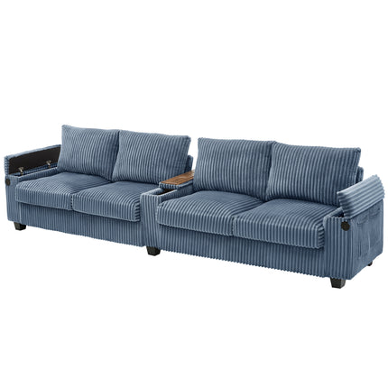 4-seater Corduroy Sofa Couch 133" Modern Sofa with USB Ports, Hidden Storage Arms, Flip-Top Cup Holders for Living Room, Blue