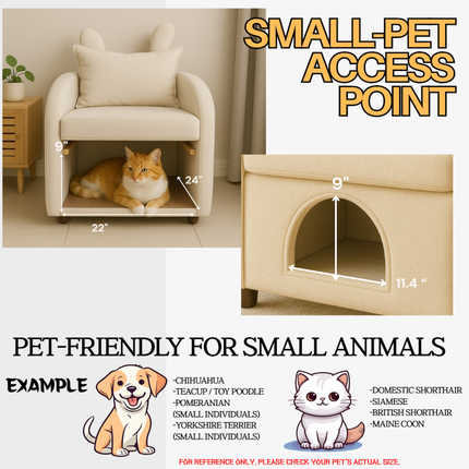 Beige Bunny-Ear Pet-Friendly Armchair with Built-in Cat & Dog Hideaway, Cozy Dual-Use Sofa Chair with Side Pocket, 27.4 x 25.2 x 37.4 inch