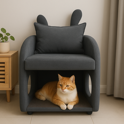 Dark Gray Bunny-Ear Pet-Friendly Armchair with Scratch-Resistant Fabric, Triple-Entry Pet Hideaway Openings, Dual-Use Sofa Chair, 27.4 x 25.2 x 37.4 inch