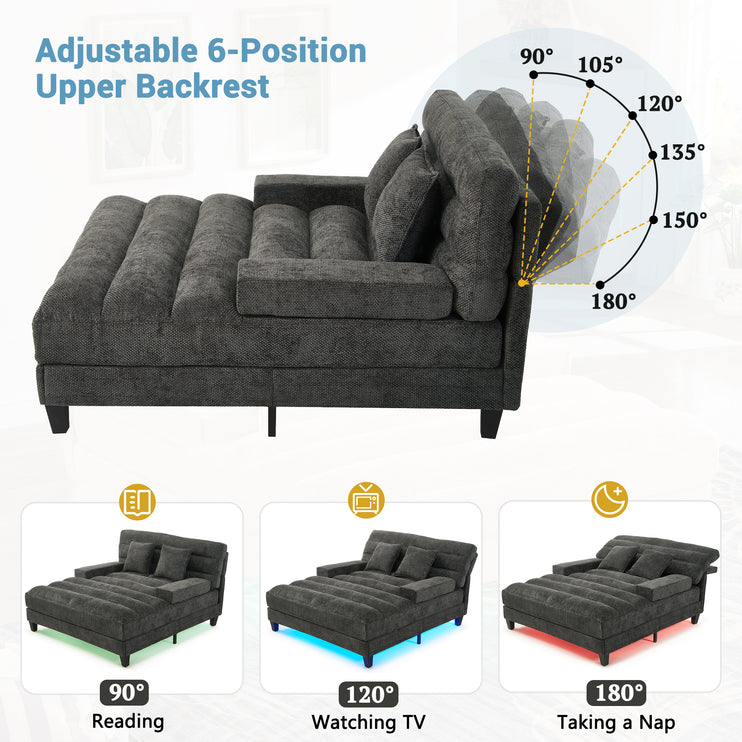 Modern Chaise Lounge Sofa 57.1" Sofa Bed Chenille Upholstered Lounge Sofa Chair with Adjustable Backrest and LED Light Strip for Living Room, Grey