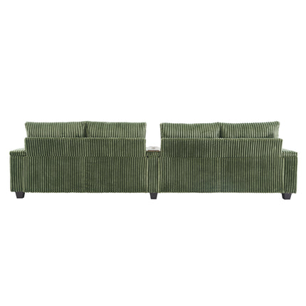 4-seater Corduroy Sofa Couch 133" Modern Sofa with USB Ports, Hidden Storage Arms, Flip-Top Cup Holders for Living Room, Green