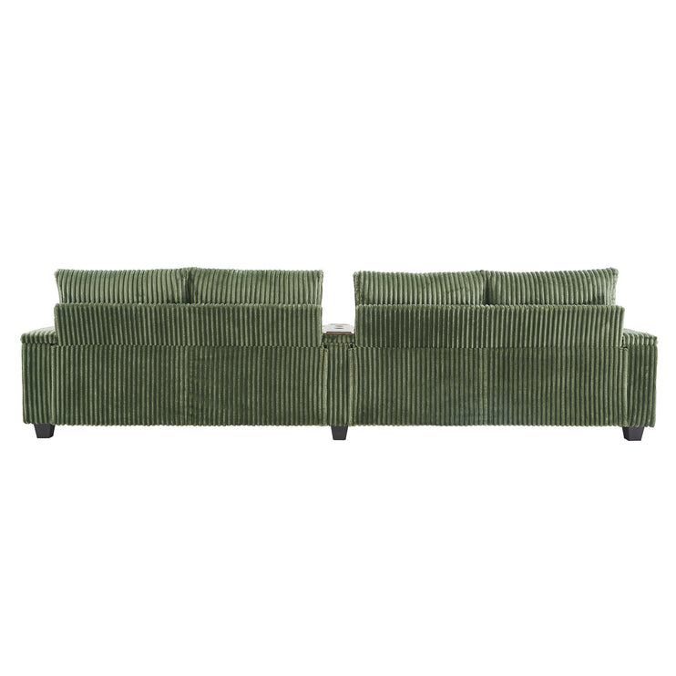 4-seater Corduroy Sofa Couch 133" Modern Sofa with USB Ports, Hidden Storage Arms, Flip-Top Cup Holders for Living Room, Green