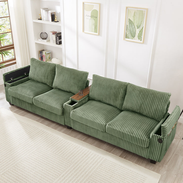 4-seater Corduroy Sofa Couch 133" Modern Sofa with USB Ports, Hidden Storage Arms, Flip-Top Cup Holders for Living Room, Green