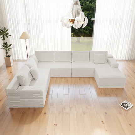 137.8*104.3"Modular sectional sofa seat,Upholstered compressed couch for living room,Bedroom,Apartment,No assembly required,4 PC free combination,Plush corduroy fabric,WHITE