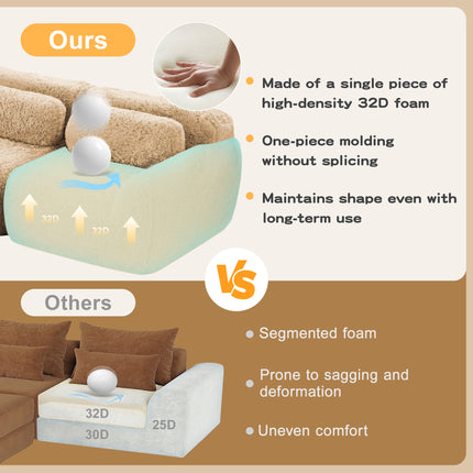 U-shaped Boneless Sofa 32D High Density Sponge Bottom Anti-Slip Design,No Assembly Required Ergonomic Design,Free Combination Full-compression Vacuum Packaging,For Living Rooms,Chcolate,Light Khaki