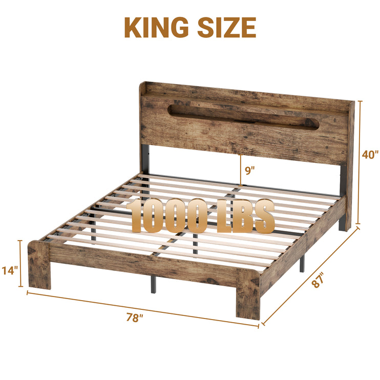 Full/Queen/King Bed Frame with Charging Station & RGB LED Light, Arc Edge Rectangular Slot Headboard, Wooden & Metal Bed Frame