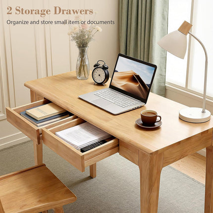 Zevemomo 47inch Solid Wood Writing Desk, Computer Study Desk with 2 Storage Drawers for Bedroom, Office