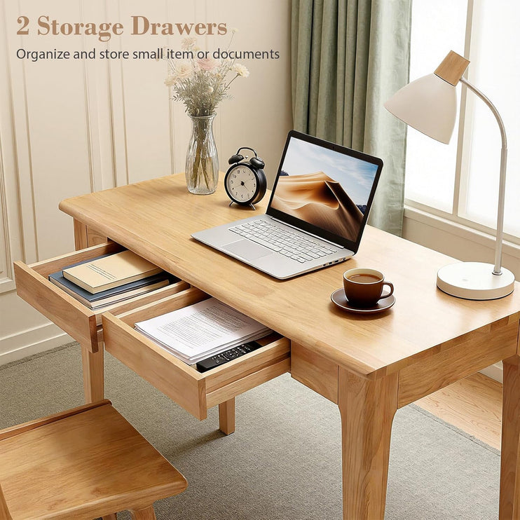 Zevemomo 47inch Solid Wood Writing Desk, Computer Study Desk with 2 Storage Drawers for Bedroom, Office