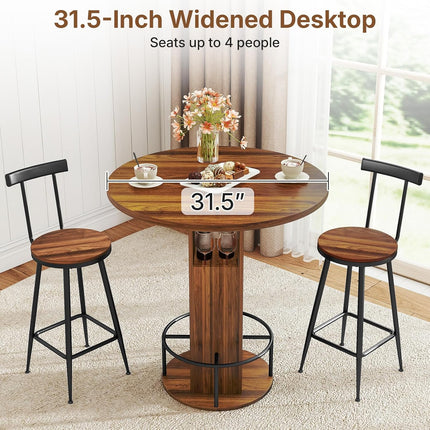 Zevemomo 3-Piece 31.5" Round Bar Table and Chairs Set for 2, Small Pub Dining Set with 2 Stools, Space Saving, Walnut