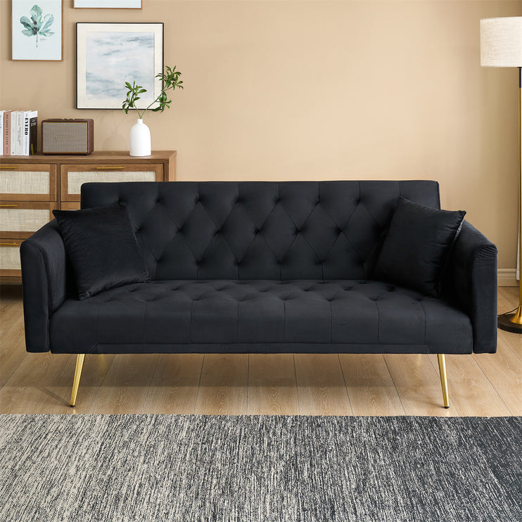 71-inch foldable double sofa, with American retro style, made of black velvet material, suitable for small living rooms, bedrooms and offices