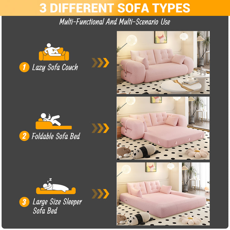 Human Dog Bed, Lazy Sofa Couch, 78.7" Multi-Functional Foldable Sofa Bed, 3-in-1 Teddy Fabric Foam-Filled Sleeper Sofa Bed for Living Room,Guest Bed,Playroom,Pink