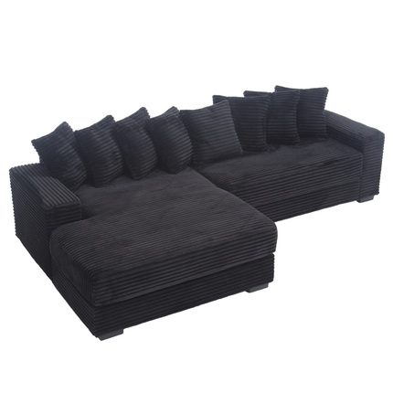 Oversized Two-Piece Couches, L Shaped Sofa, Corduroy, Left Chaise Daybed,with Armrests,Eight Throw Pillows,Corner Sofa,Easy To Assemble, Black