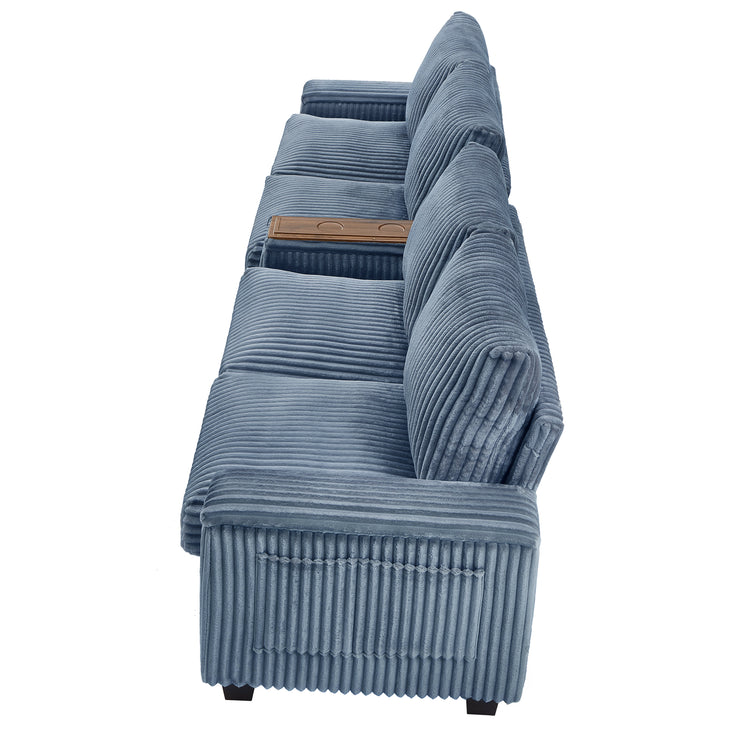 4-seater Corduroy Sofa Couch 133" Modern Sofa with USB Ports, Hidden Storage Arms, Flip-Top Cup Holders for Living Room, Blue
