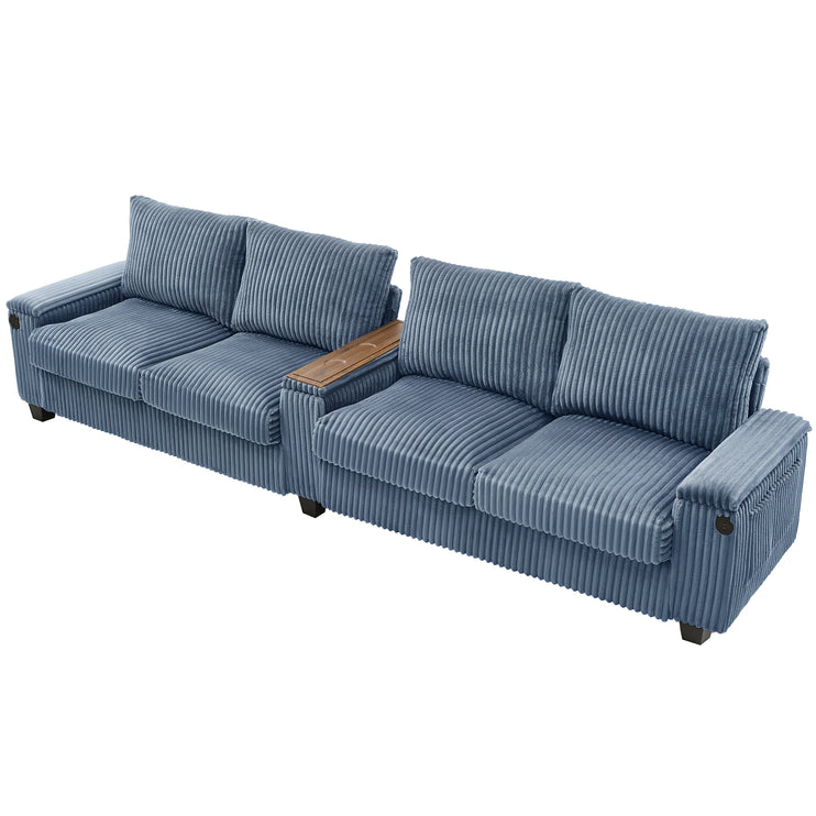 4-seater Corduroy Sofa Couch 133" Modern Sofa with USB Ports, Hidden Storage Arms, Flip-Top Cup Holders for Living Room, Blue