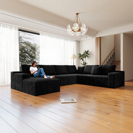 137.8*104.3"Modular sectional sofa seat,Upholstered compressed couch for living room,Bedroom,Apartment,No assembly required,4 PC free combination,Plush corduroy fabric,BLACK