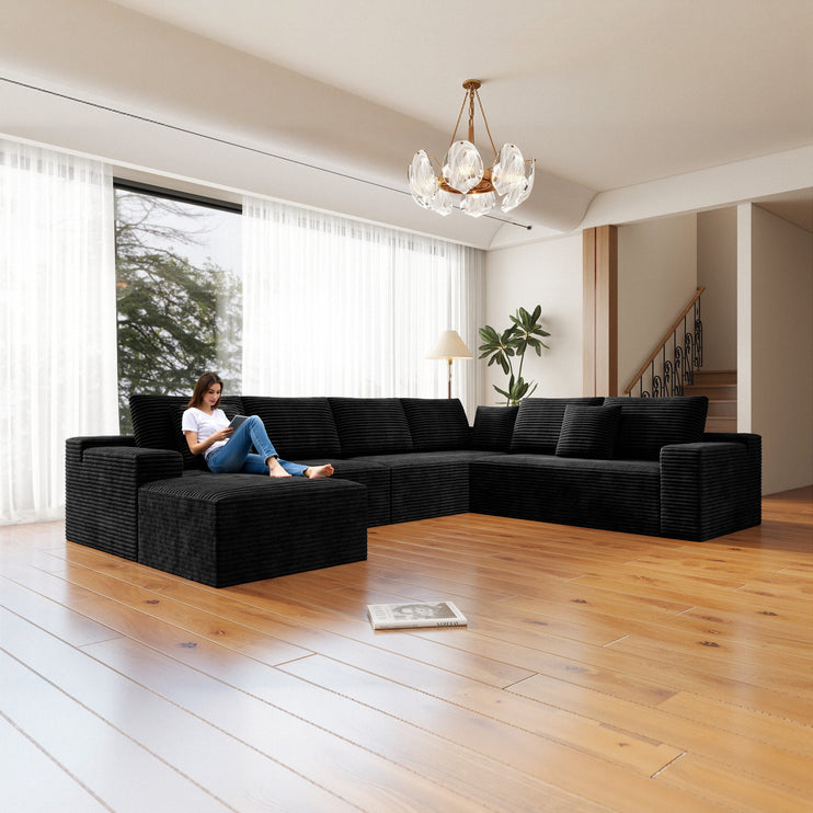 137.8*104.3"Modular sectional sofa seat,Upholstered compressed couch for living room,Bedroom,Apartment,No assembly required,4 PC free combination,Plush corduroy fabric,BLACK