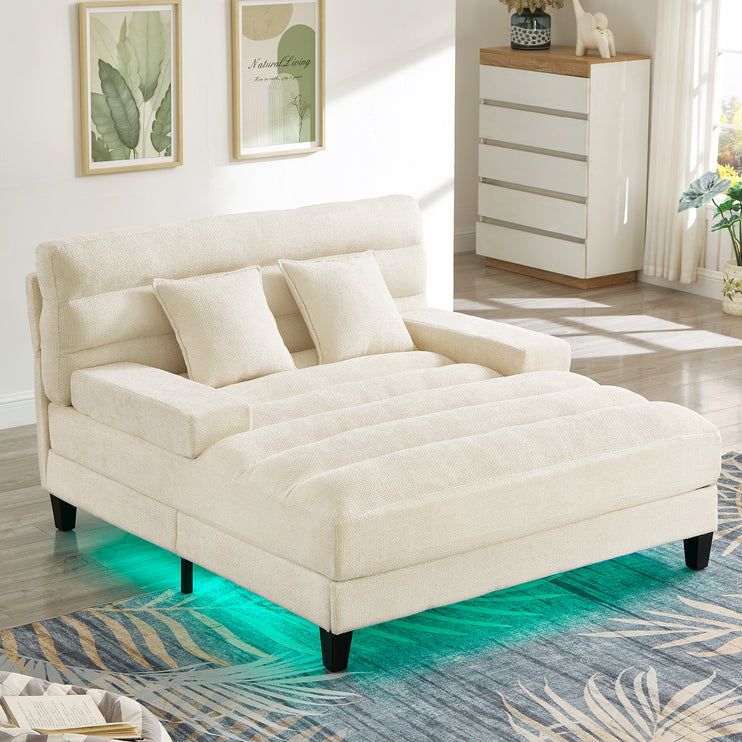 Modern Chaise Lounge Sofa 57.1" Sofa Bed Chenille Upholstered Lounge Sofa Chair with Adjustable Backrest and LED Light Strip for Living Room, Beige