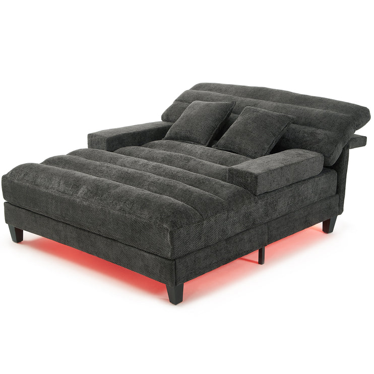 Modern Chaise Lounge Sofa 57.1" Sofa Bed Chenille Upholstered Lounge Sofa Chair with Adjustable Backrest and LED Light Strip for Living Room, Grey