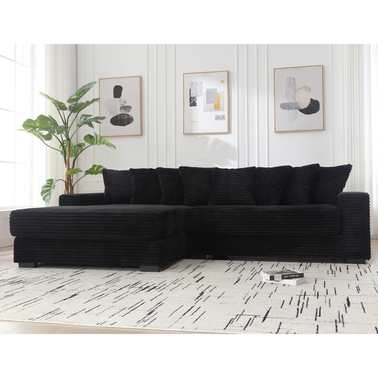 Oversized Two-Piece Couches, L Shaped Sofa, Corduroy, Left Chaise Daybed,with Armrests,Eight Throw Pillows,Corner Sofa,Easy To Assemble, Black
