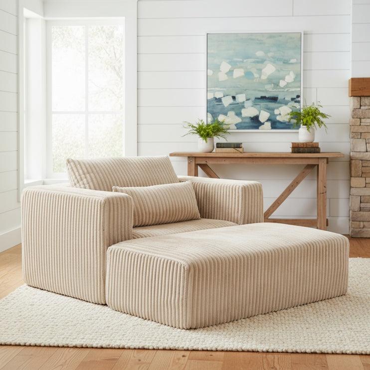 Oversized All-Foam Corduroy Lounge Chair with Ottoman, Modular Deep-Seat Floor Couch, Compressed Shipping & Easy Assembly, 50.98" W × 62.6" D × 23.62" H Chair-YKX-33010-Beige