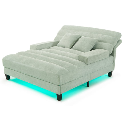 Modern Chaise Lounge Sofa 57.1" Sofa Bed Chenille Upholstered Lounge Sofa Chair with Adjustable Backrest and LED Light Strip for Living Room, Green