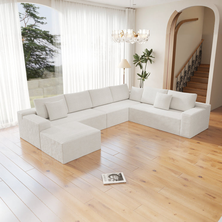 137.8*104.3"Modular sectional sofa seat,Upholstered compressed couch for living room,Bedroom,Apartment,No assembly required,4 PC free combination,Plush corduroy fabric,WHITE