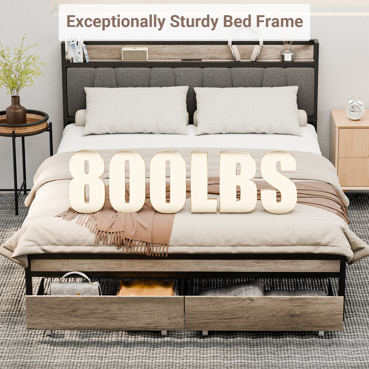 Queen Bed Frame with Charging Station, Storage Drawers & Upholstered Headboard, Wooden & Metal Bed Frame