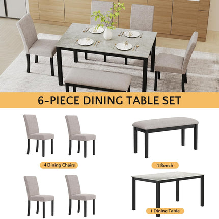 Zevemomo 6-Piece Wood Dining Table Set with Upholstered Chairs and Bench for Dining Room, Kitchen, Restaurant, Black & Grey