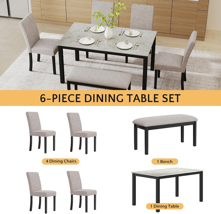 Zevemomo 6-Piece Wood Dining Table Set with Upholstered Chairs and Bench for Dining Room, Kitchen, Restaurant, Black & Grey