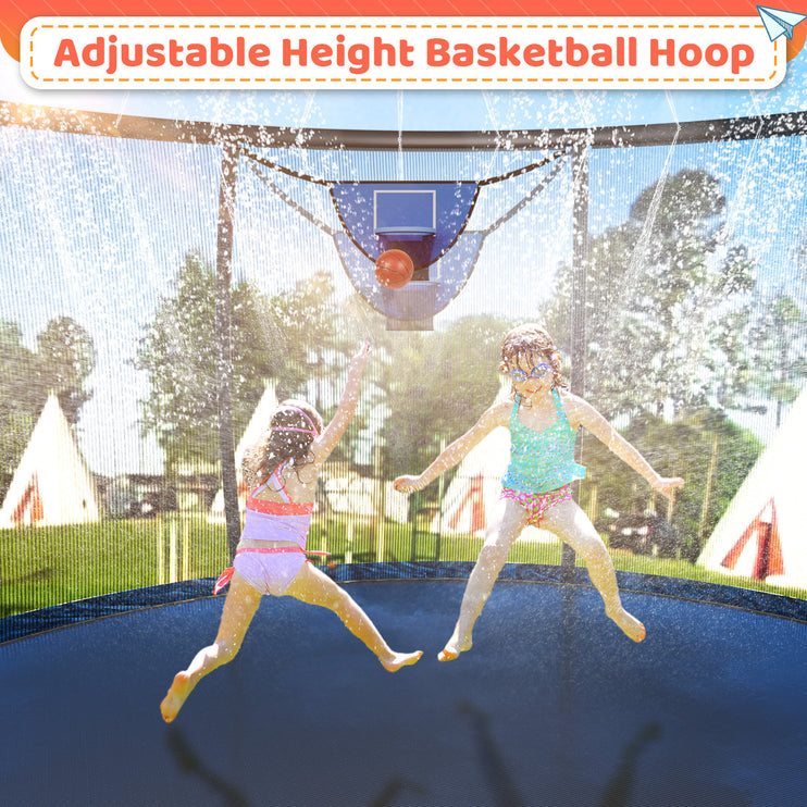 12ft /14ft Orange Trampoline with a Basketball Hoop, a Sprinkler & 4 Stakes