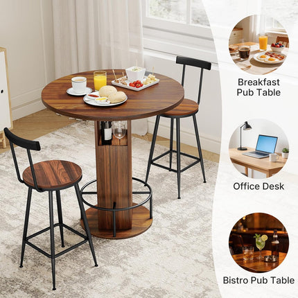Zevemomo 3-Piece 31.5" Round Bar Table and Chairs Set for 2, Small Pub Dining Set with 2 Stools, Space Saving, Walnut