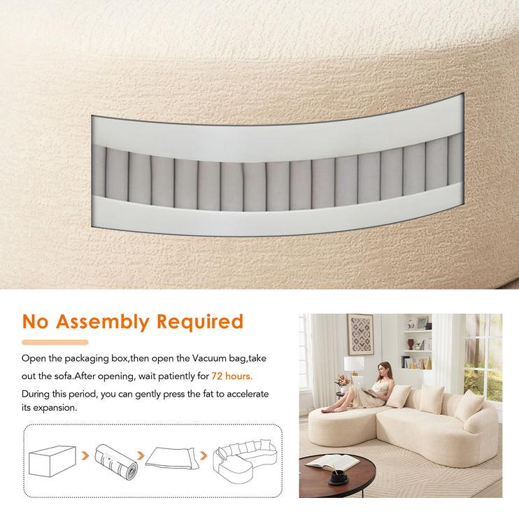 Boneless L-Shape Sectional Sofa with Curved Chaise,Beige White Modular Chenille Compression Couch,30D High-Density Foam,Minimalist Modular Couches Sleeper for Living Room Bedroom Apartment Lounge