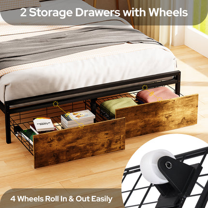 Full/ Queen Bed Frame with Charging Station & Storage Drawers, Wooden & Metal Bed Frame