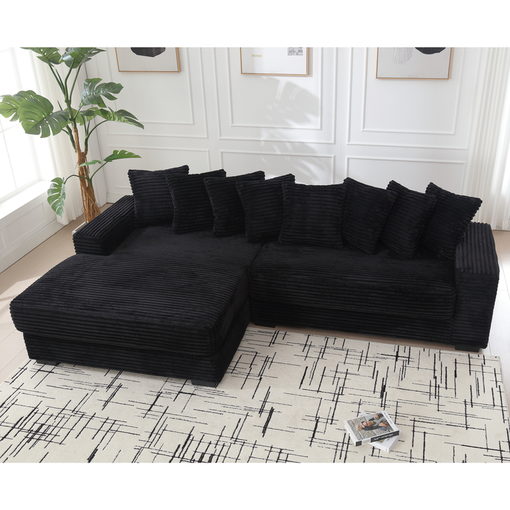 Oversized Two-Piece Couches, L Shaped Sofa, Corduroy, Left Chaise Daybed,with Armrests,Eight Throw Pillows,Corner Sofa,Easy To Assemble, Black
