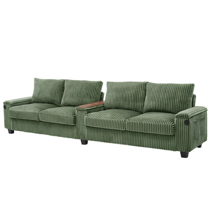 4-seater Corduroy Sofa Couch 133" Modern Sofa with USB Ports, Hidden Storage Arms, Flip-Top Cup Holders for Living Room, Green